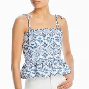 Lucy Paris Alba Linen Sleeveless Scalloped Top in blue and White Size Small